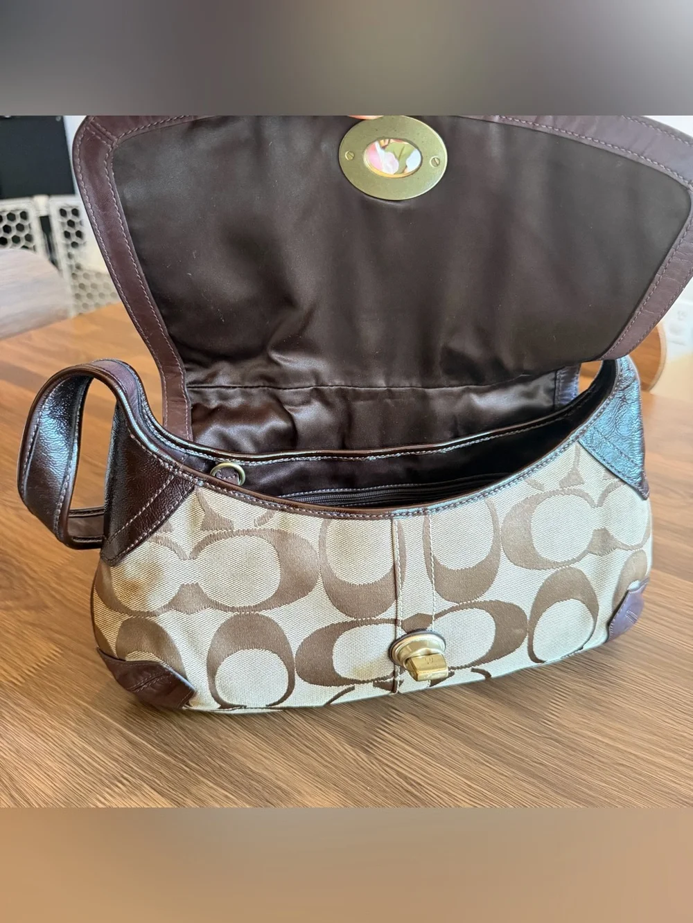 Coach Brown Signature Canvas Shoulder Bag with Gold-Tone Turnlock